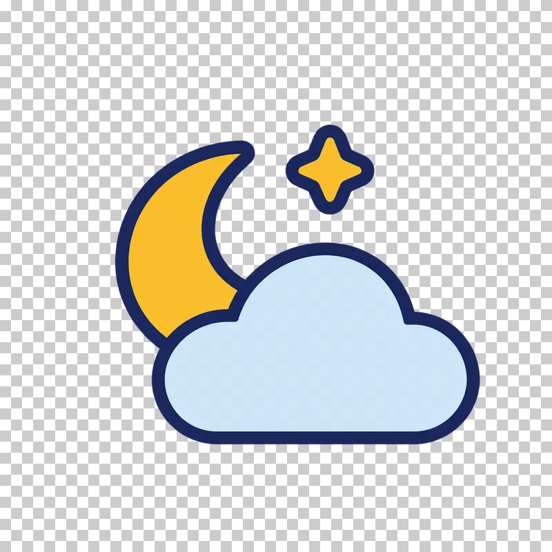 A golden yellow crescent moon and four-pointed star sit behind and above a light blue cloud, all outlined in navy.