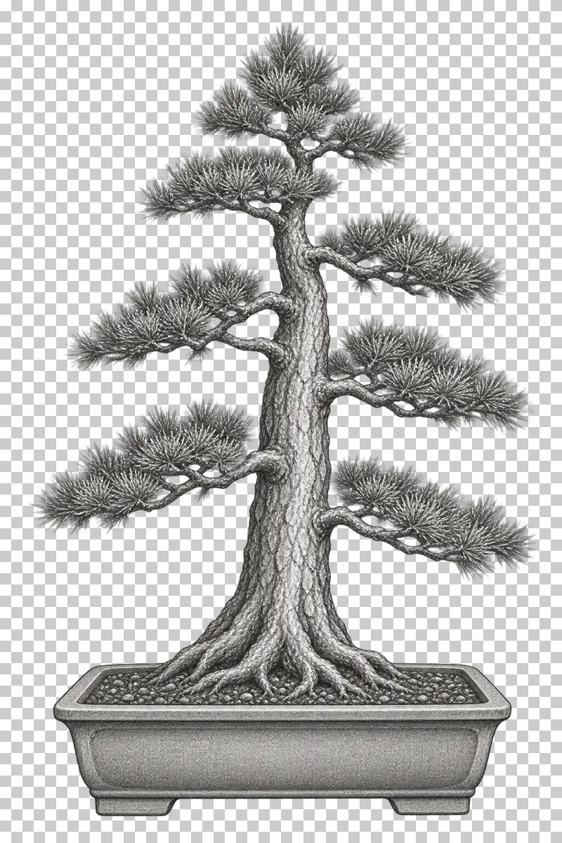 A graphite drawing of a formal upright pine bonsai in a rectangular pot.