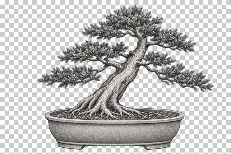 A graphite drawing of a gently slanting juniper bonsai in a deep oval pot.