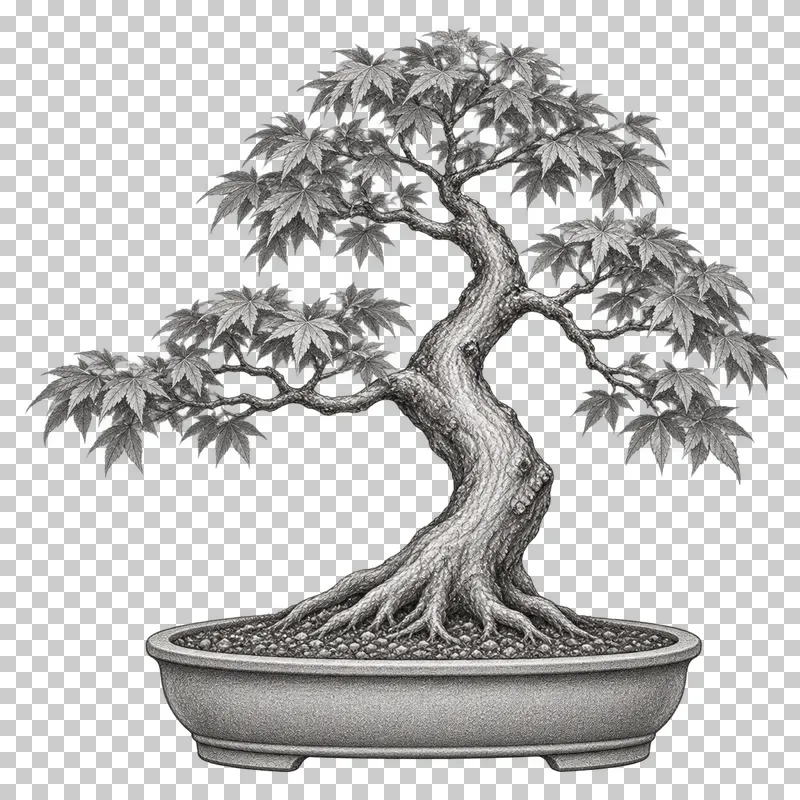 A graphite drawing of a maple bonsai with a curved trunk and lobed leaves in an oval pot.