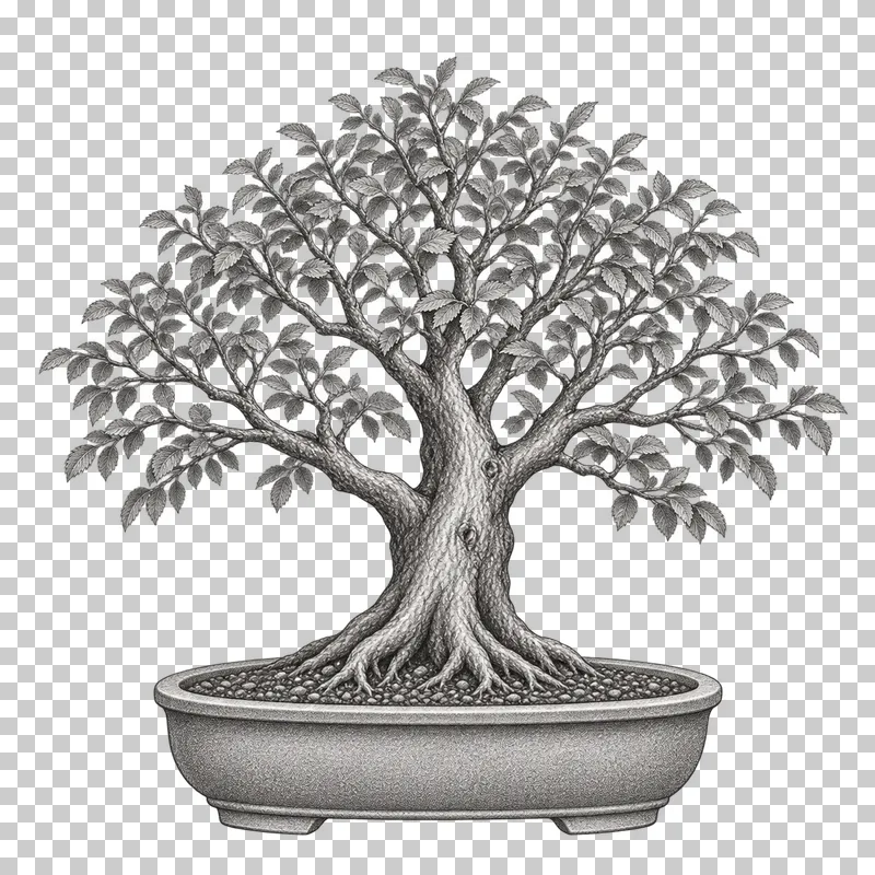 A graphite drawing of an elm bonsai with a rounded broom-shaped crown in an oval pot.
