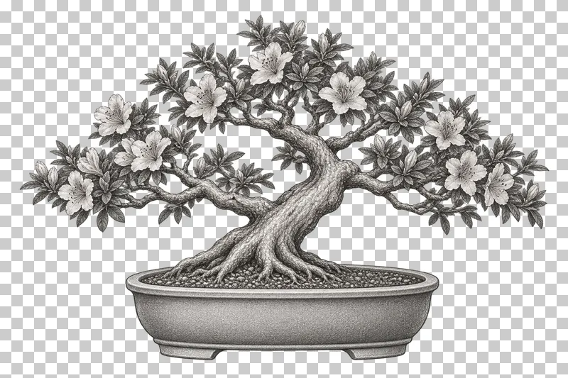 A graphite drawing of a flowering azalea bonsai in an oval pot.