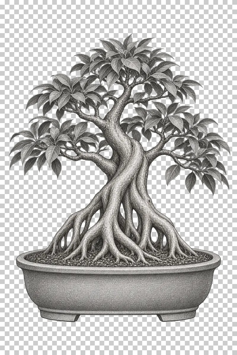 A graphite drawing of a ficus bonsai with exposed roots entering soil in a deep pot.