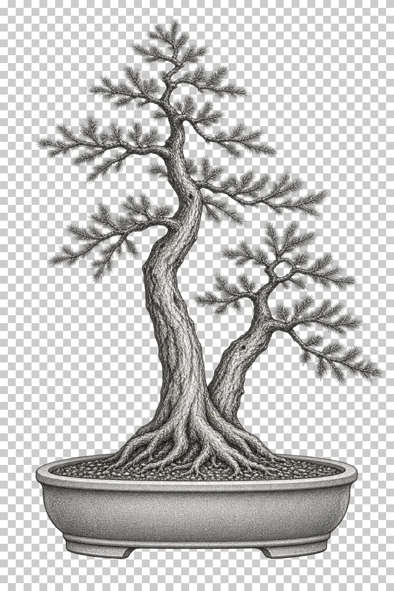 A graphite drawing of a twin-trunk larch bonsai in one oval pot.