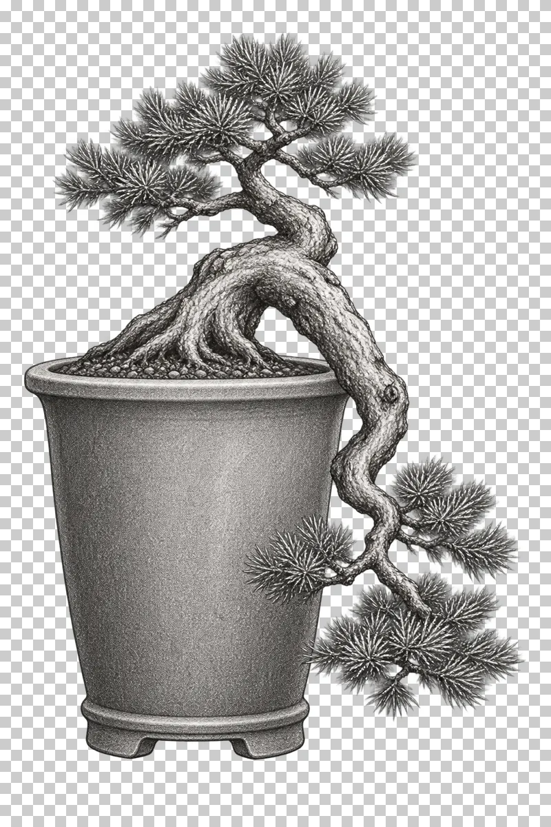 A graphite drawing of a cascade pine bonsai in a tall ceramic pot.