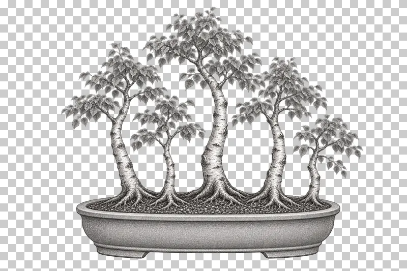A graphite drawing of five birch bonsai trees growing in one oval pot.