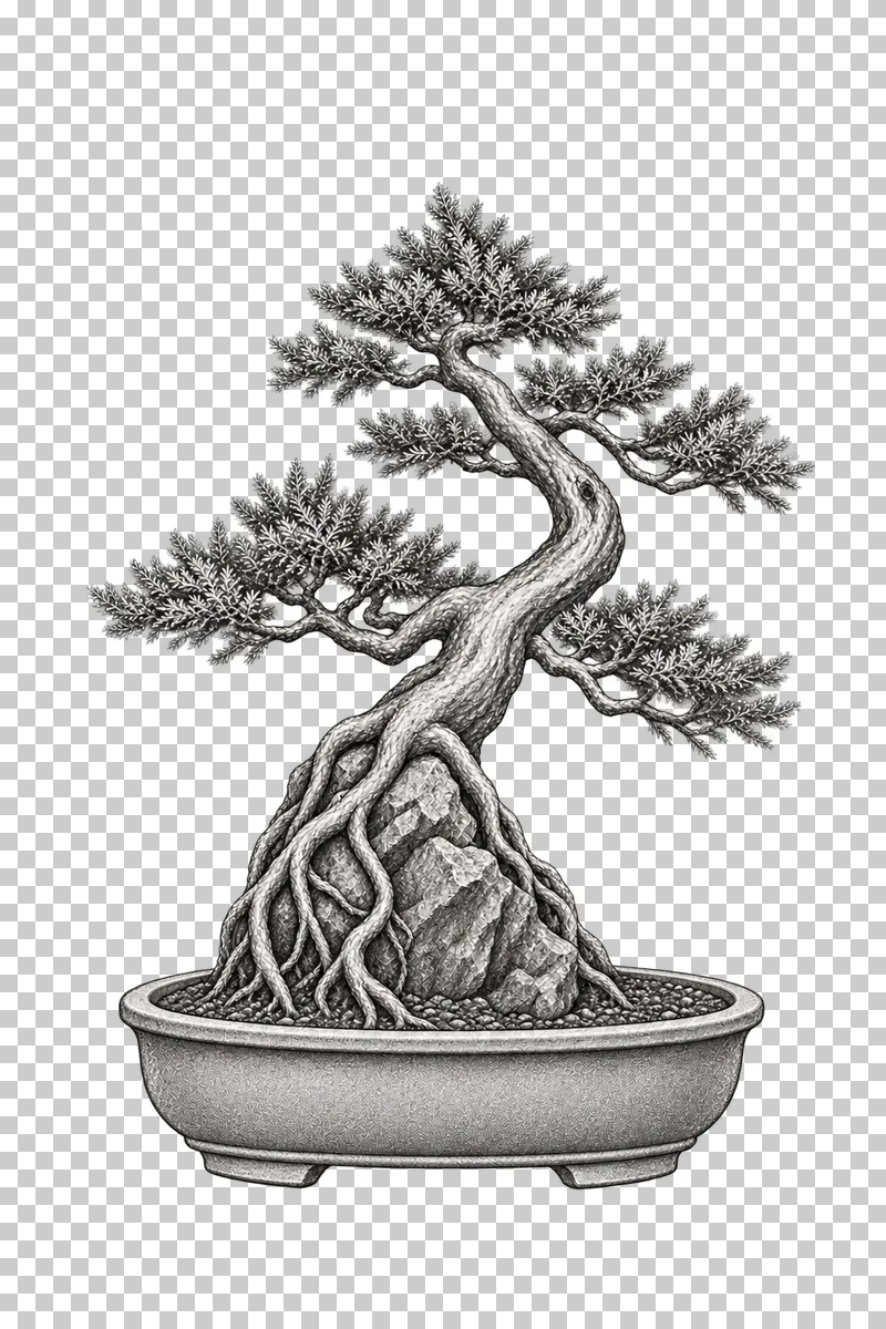 A graphite drawing of a juniper bonsai with roots wrapping a rock in an oval pot.
