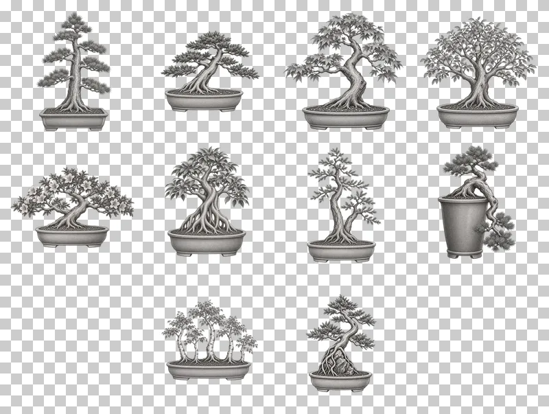 Graphite Bonsai Studies PNG Collection: all 10 elements in one grid