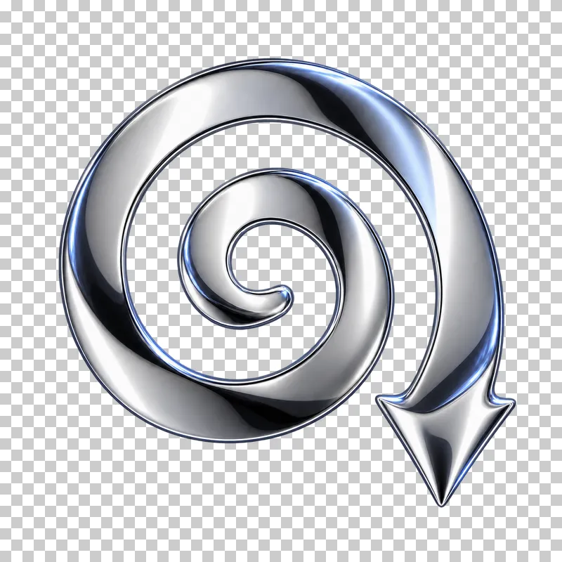 Polished silver chrome tapered spiral with an arrowhead at its outer end.
