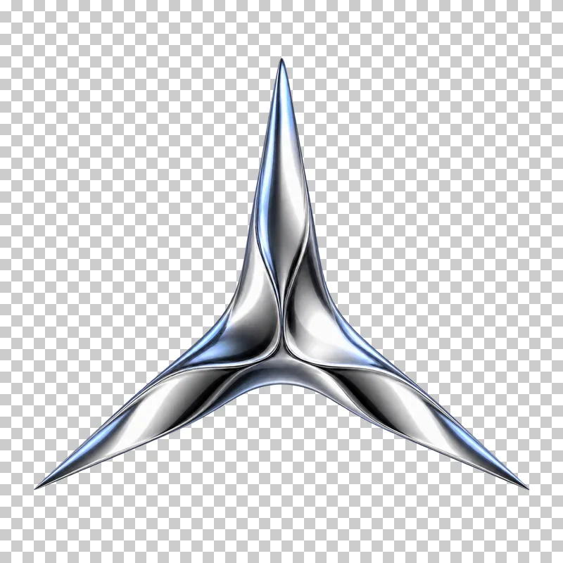 Polished silver chrome three sharp arms separated by deep concave valleys.