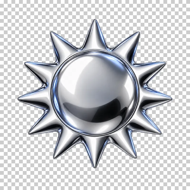 Polished silver chrome twelve short rays around a convex center.