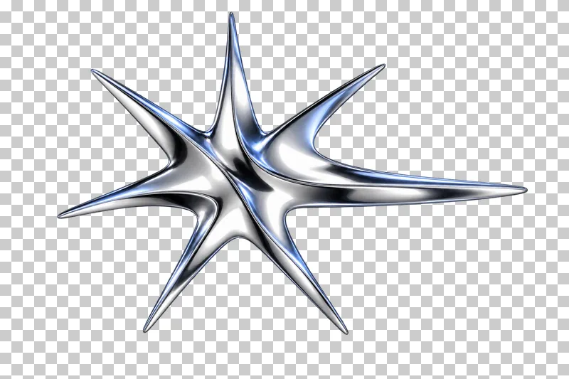 Polished silver chrome seven unequal rays with one dominant lateral ray.