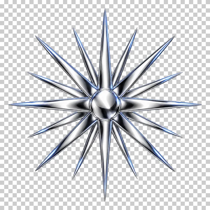 Polished silver chrome sixteen thin pointed rays around a small central hub.