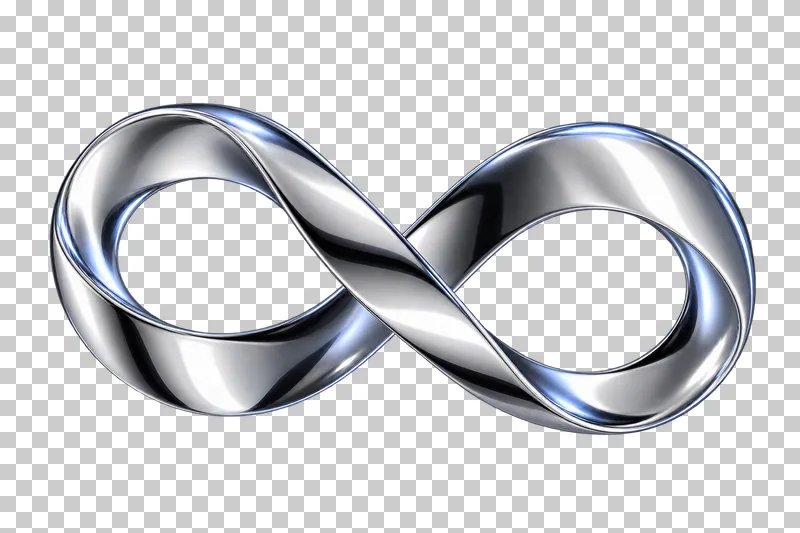 Polished silver chrome one continuous figure-eight ribbon with two open holes and a readable over-under crossing.