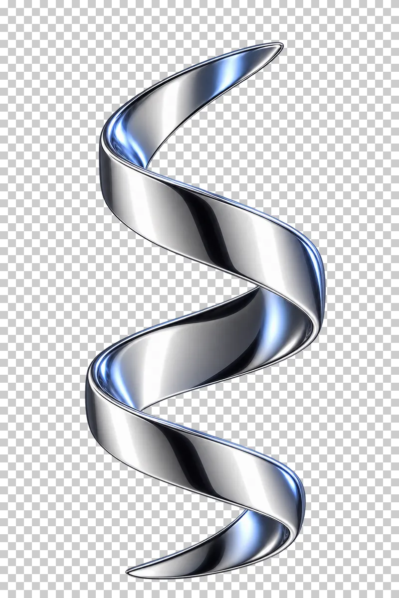 Polished silver chrome broad ribbon forming a spatial helix with two turns.