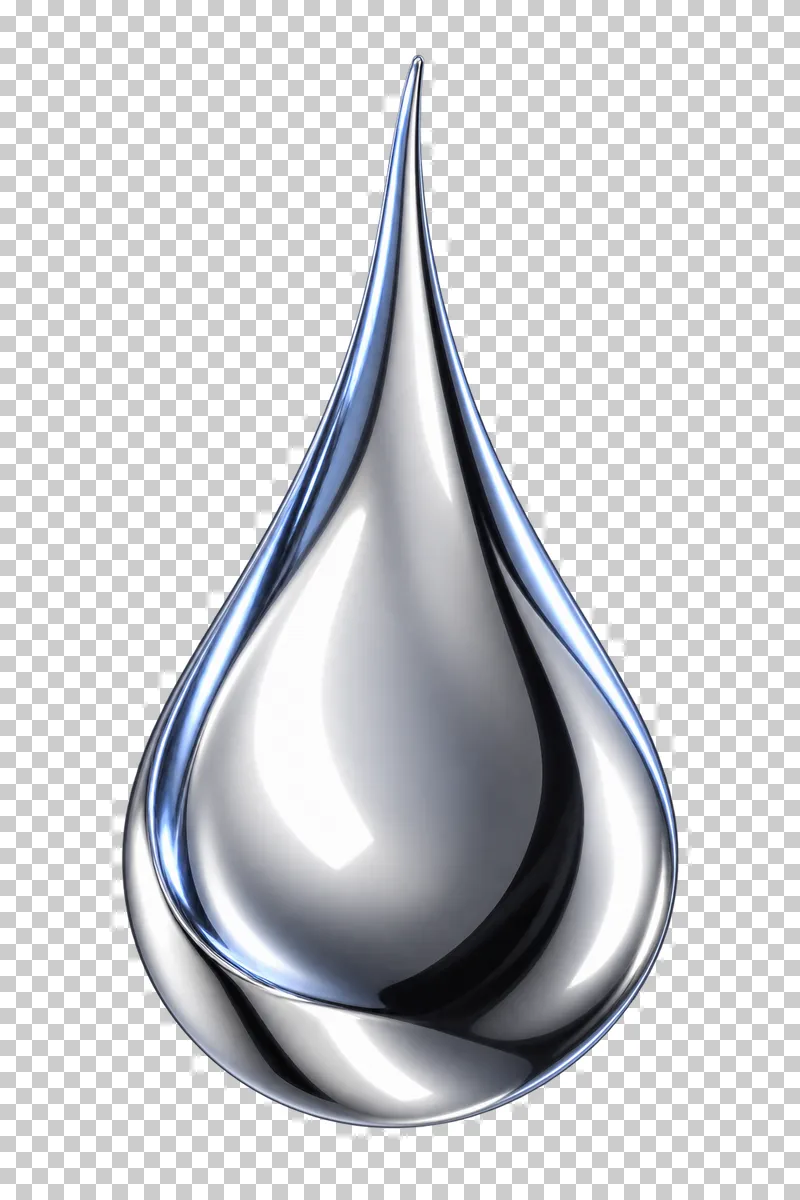 Polished silver chrome solid drop with a pointed apex and a heavy rounded base.