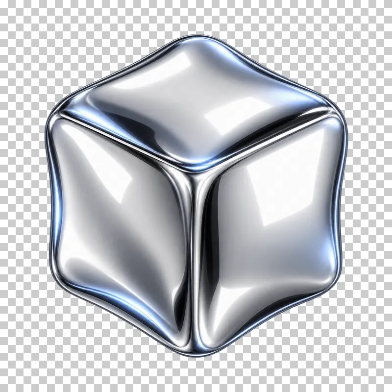 Polished silver chrome taut inflated cube with rounded edges and readable faces.