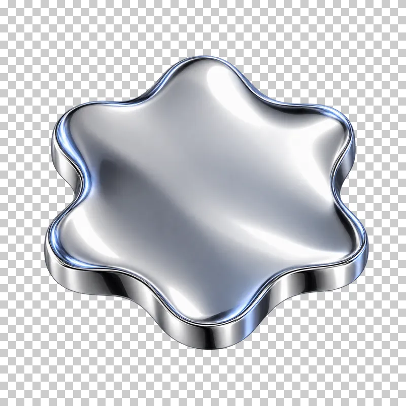 Polished silver chrome thin disc with six undulations around its perimeter.