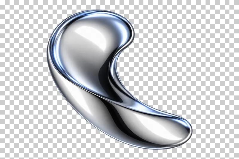 Polished silver chrome asymmetric kidney-shaped solid with one deep concavity.