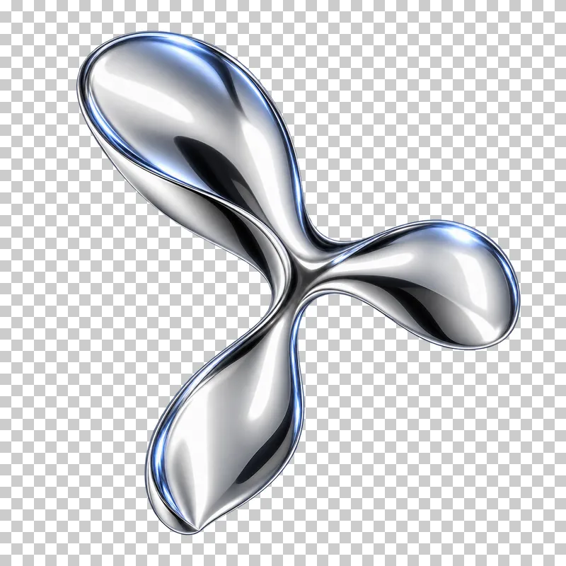 Polished silver chrome three unequal convex organic lobes joined at one center.