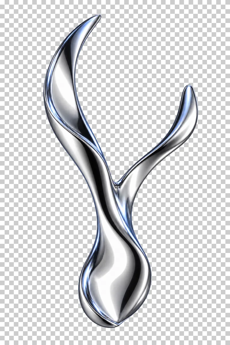 Polished silver chrome branching organic solid with a thick base and two elongated tips.