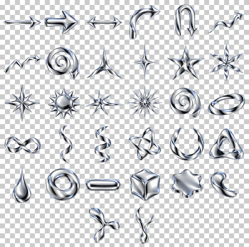 Liquid Chrome Accents PNG Collection: all 32 elements in one grid