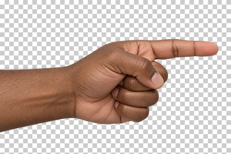 An adult hand with brown skin pointing to the right with its index finger.