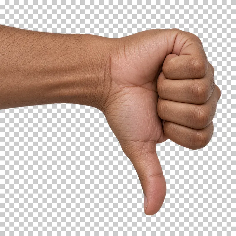 An adult hand giving a thumbs-down gesture with the forearm extending from the left.