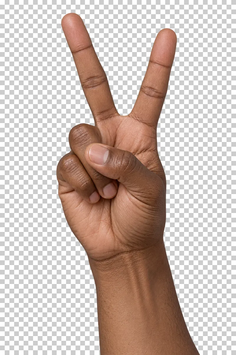 An adult hand with brown skin holding the index and middle fingers in a V sign.