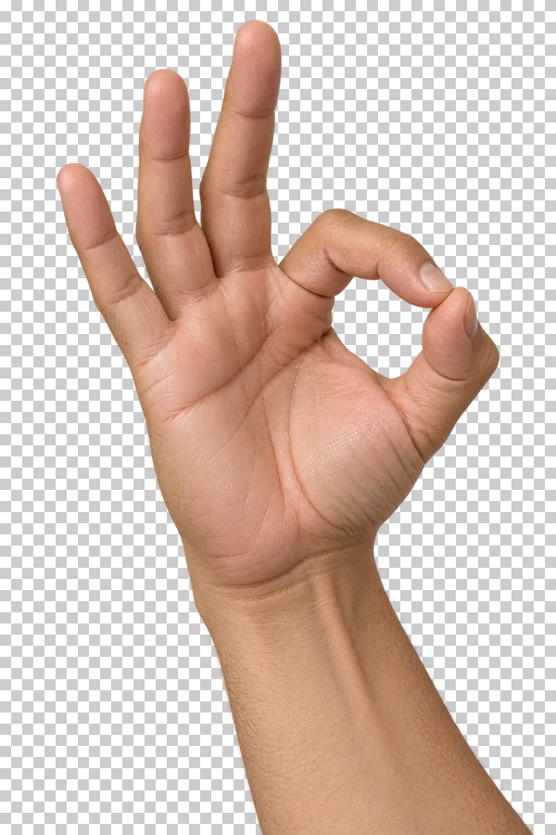 An adult hand forming a ring with the thumb and index finger, with three fingers raised.