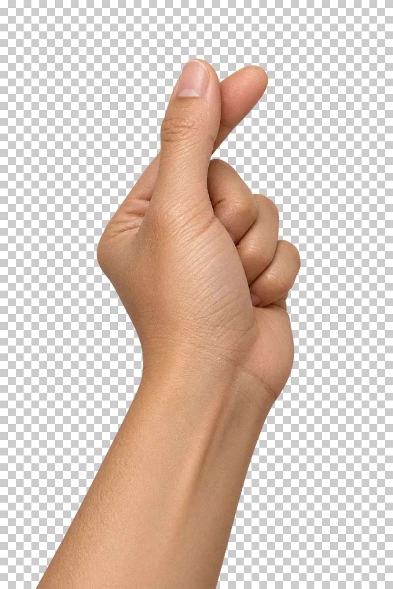 An adult hand making a small finger heart, with the thumb in front of the bent index finger.