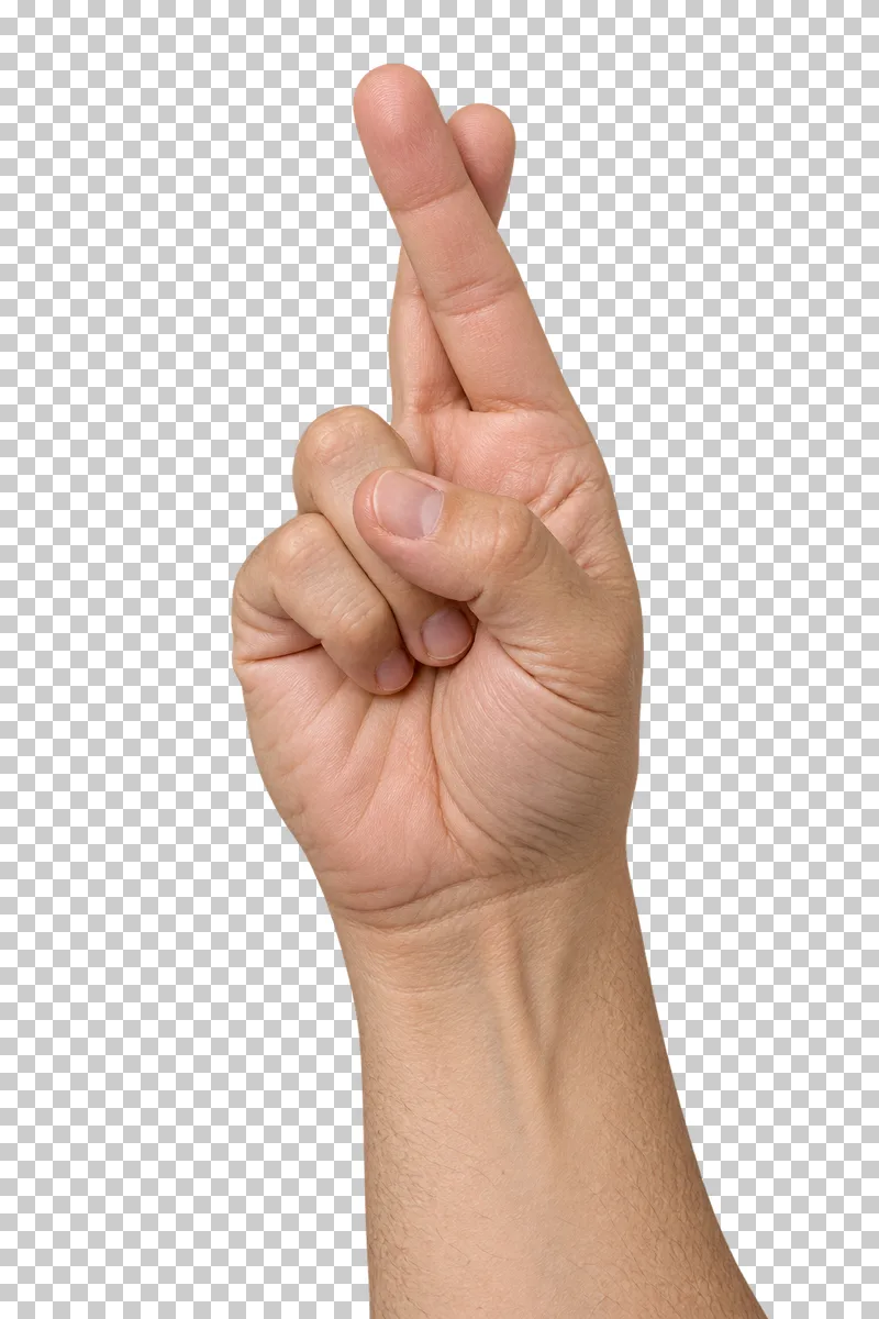 An adult hand with the index and middle fingers crossed and the other fingers folded.