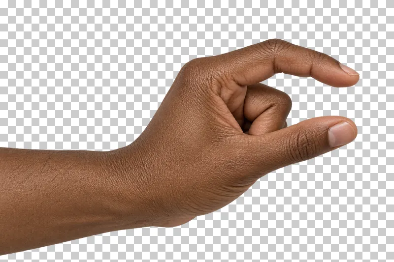 An adult hand with brown skin making a pinching gesture with a gap between thumb and index finger.