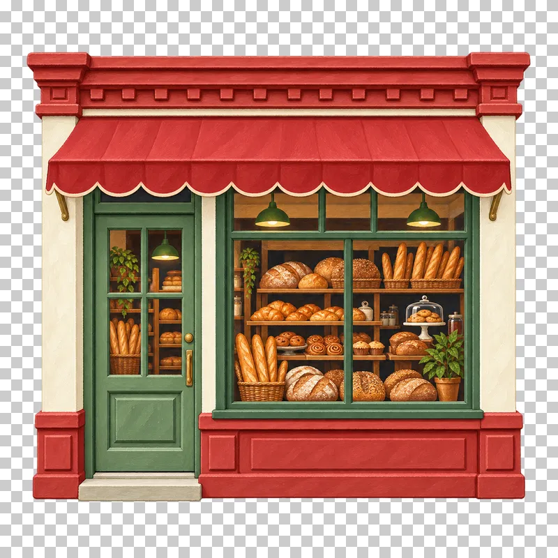 A gouache bakery facade with a red scalloped awning and bread-filled display window.