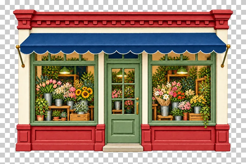 A wide gouache florist facade with a blue awning, central green door and flower-filled windows.