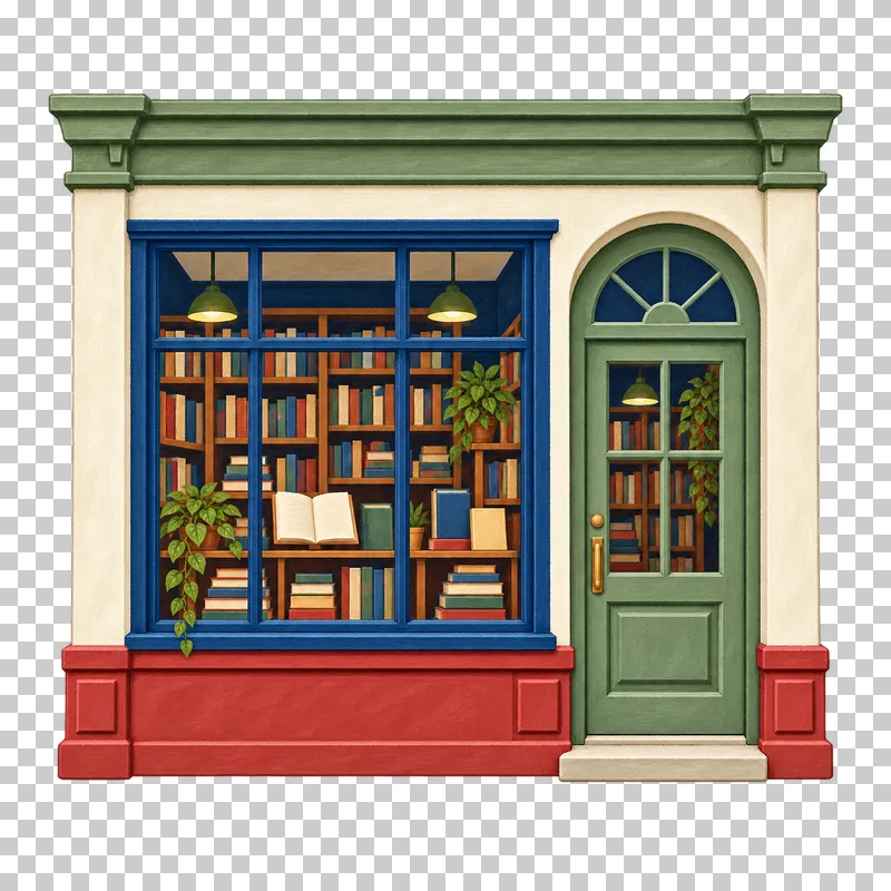 A gouache bookstore facade with a green arched door and navy-framed window full of books.