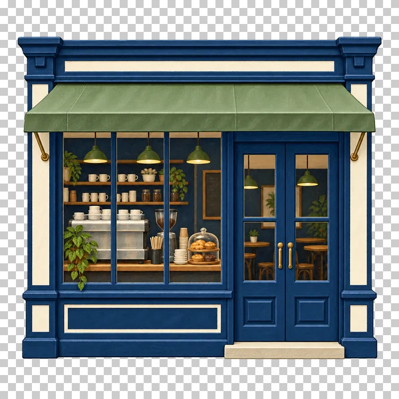 A navy gouache coffee shop facade with double doors, a sage awning and an espresso machine in the window.