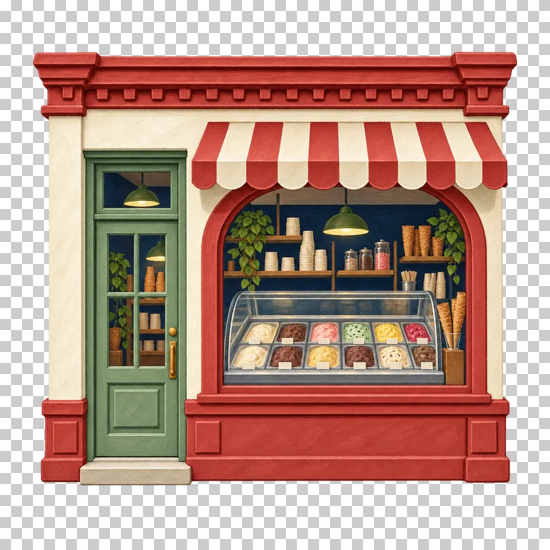 A gouache ice cream shop facade with a striped awning, arched window and ice cream counter.