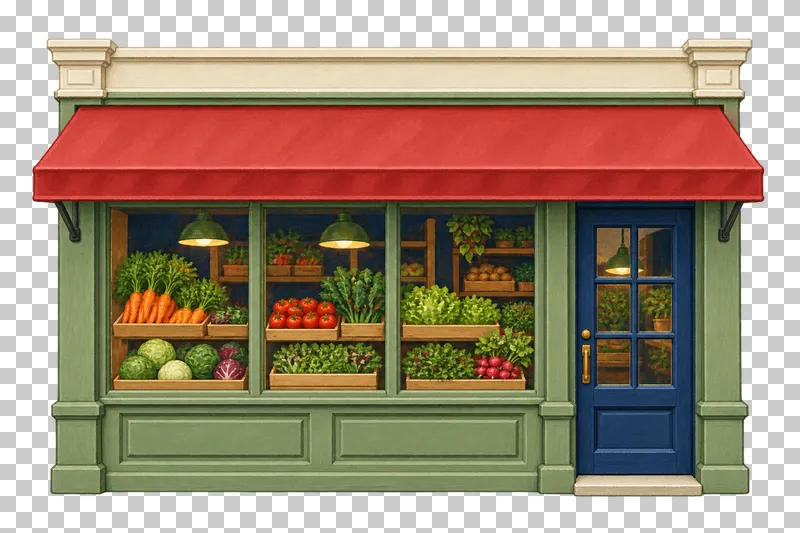 A wide sage gouache greengrocer facade with a red awning and crates of vegetables behind glass.