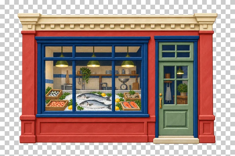 A red gouache fishmonger facade with a navy display window and fish arranged on ice.