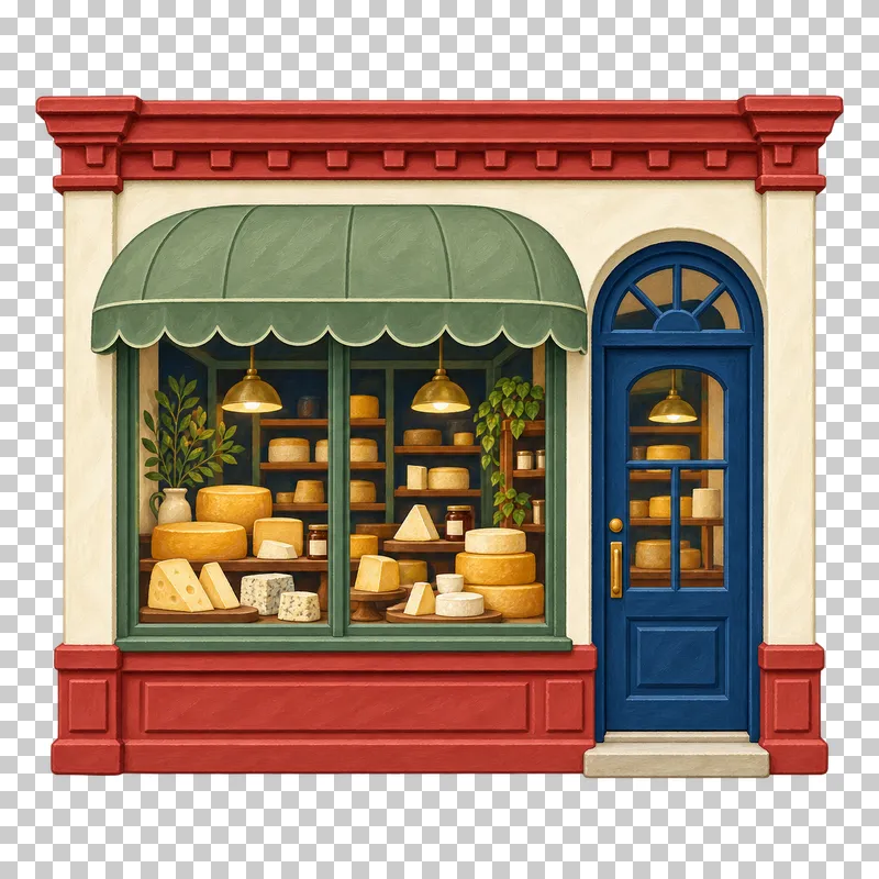 A gouache cheese shop facade with a curved green awning and cheese wheels in the window.