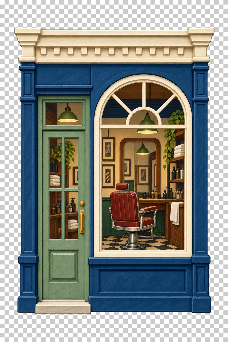 A tall navy gouache barbershop facade with an arched window revealing a barber chair and mirror.