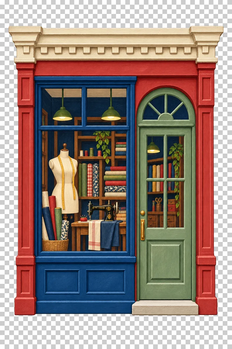 A tall red gouache tailor facade with a dress form, fabric rolls and sewing machine behind glass.