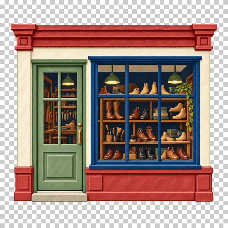 A gouache cobbler facade with a green door and navy window displaying shoes, boots and wooden lasts.