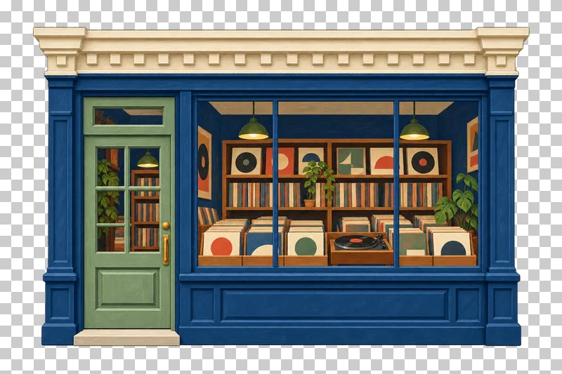 A wide navy gouache record shop facade with vinyl records, plain sleeves and a turntable in the window.