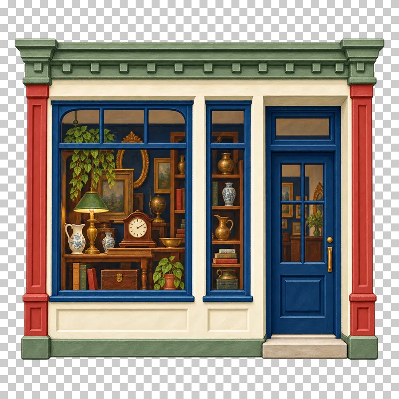 A gouache antique shop facade with unequal display windows holding a clock, lamp and decorative vessels.