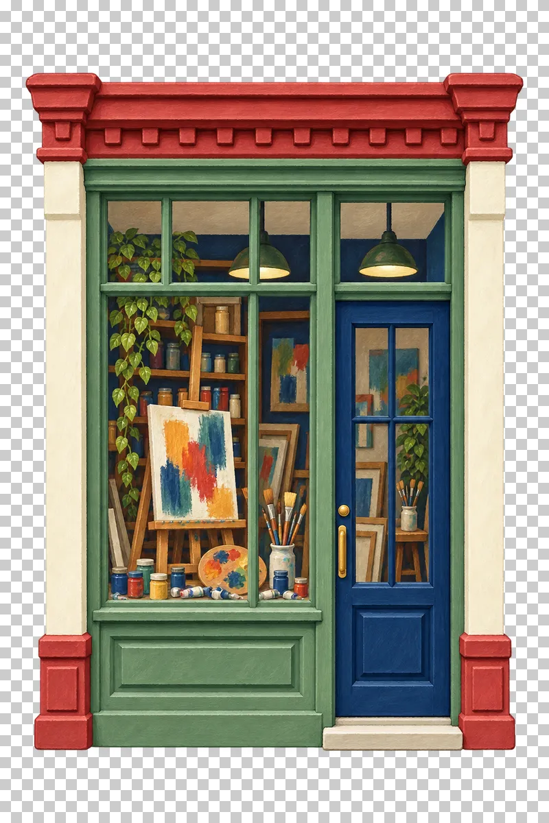 A tall gouache painting studio facade with a green window frame, easel, paint jars and brushes.