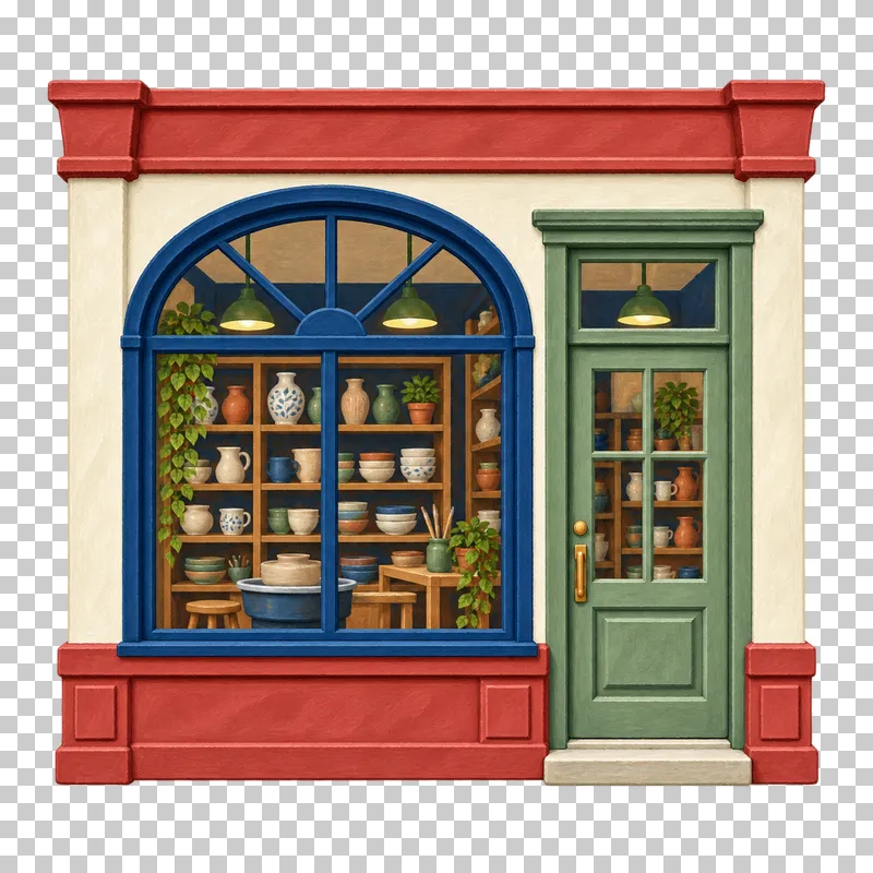 A gouache pottery studio facade with an arched navy window filled with ceramic bowls, mugs and vases.