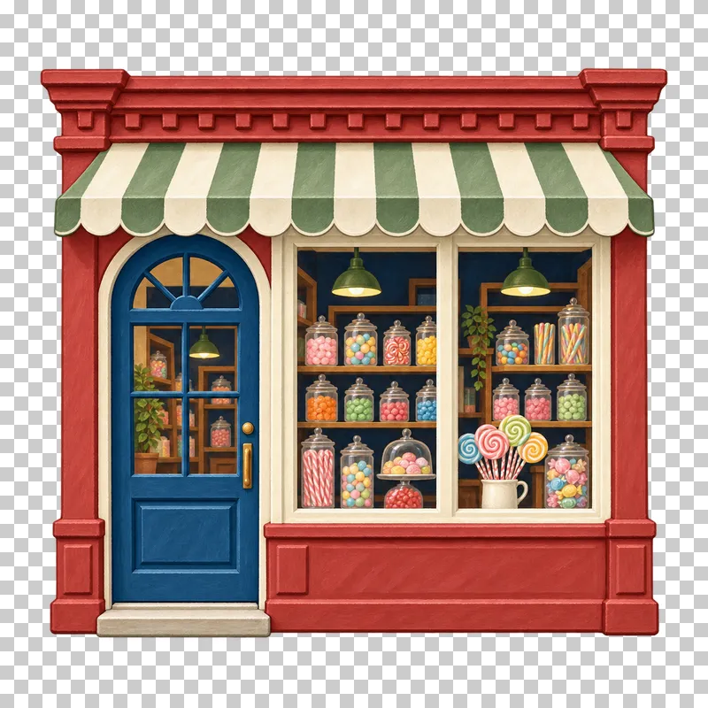 A red gouache candy shop facade with a striped green awning and jars of sweets behind glass.