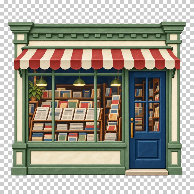 A gouache newsstand facade with a striped awning and newspapers and magazines in the display window.